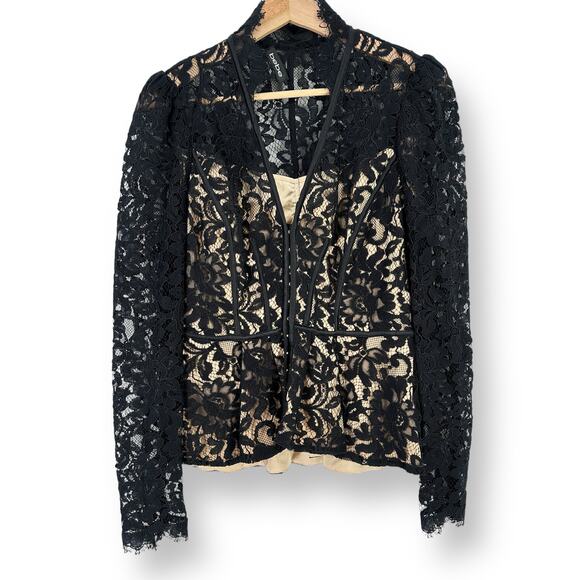 Bebe Sheer Black Floral Lace Lined Corset Close Front Peplum Shirt Womens Size 4 - Picture 1 of 6